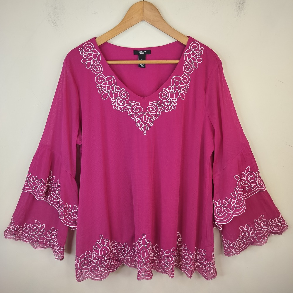 Alfani Floral Embroidered Blouse 2X Bell Sleeve Pink Mesh Boho Fairy